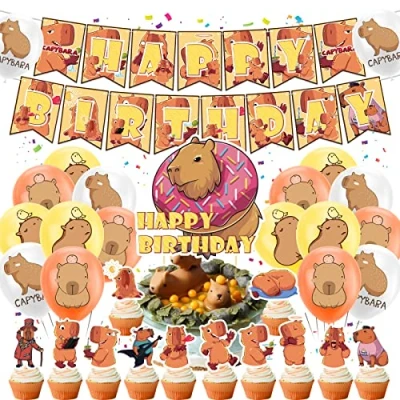 Image of Capybara Birthday Party Decorations Supplies Includes Happy Banner, Cupcake Toppers, Cake Topper, Balloons