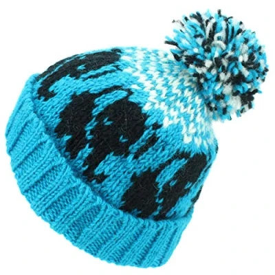 Image of LOUDelephant Wool Knit Bobble Beanie Hat Elephant Blue White