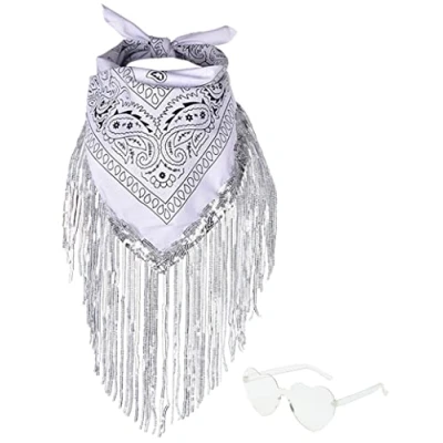 Image of JIANGLAI Fringe Bandana with Heart Sunglasses, Rhinestone Disco Cowgirl Decorations Outfit for Women Bachelorette Party (White)