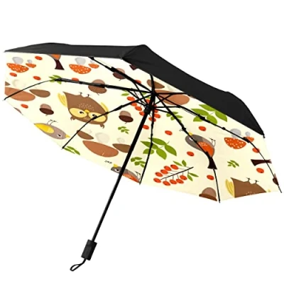 Image of CLAYU Automatic Folding Umbrella,Owl Mushroom Waterproof Compact Sun &amp; Rain Travel Umbrellas