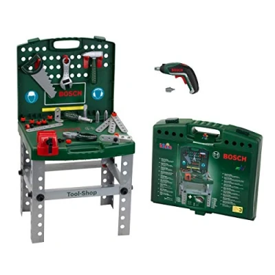 Image of Theo Klein 8676 Bosch Tool Shop I With Battery Powered Ixolino Cordless Screwdriver Folds up and Easy to Transport Dimensions: 41.5 cm x 8.5 76.5 Toy for Children Aged 3 Years