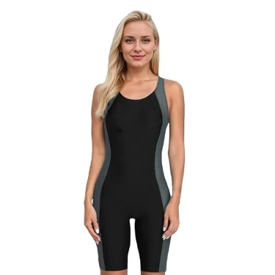 Image of BEACHKINI Swimwear Women&#039;s Boyleg One Piece Swimsuit Sports Swimming Open Back Competitive Bathing Suit,Black Grey,UK 10
