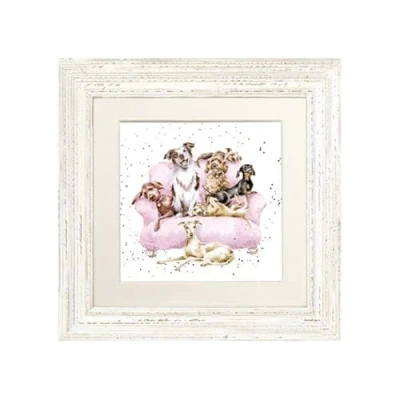 Image of Wrendale Designs Dog Framed Picture in Wood Frame &quot;Movie Night&quot; (White)