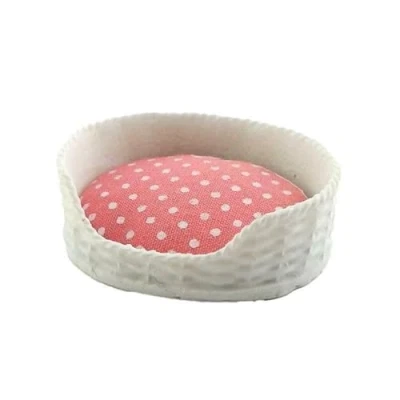 Image of Melody Jane Dolls House Pink &amp; White Dog Cat Bed Basket Cushion Miniature Pet Accessory