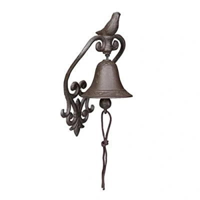 Image of Relaxdays Cast Iron Door Bell, Antique Design, Hanging Doorbell with Bird, for Outdoors, Rope, Wall Mounted, Brown, 27 x 13 12 cm