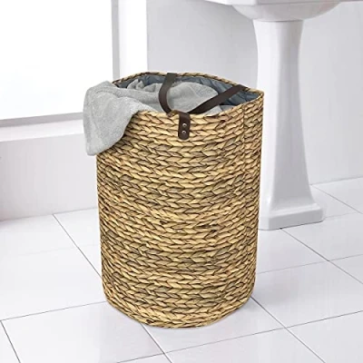Image of Hyacinth Design Print Folding Laundry Bag with Handles 40x40x60cm Natural