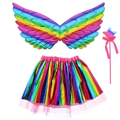 Image of Zac&#039;s Alter Ego 3 Piece Fancy Dress Girls Shiny Rainbow Wings, Wand &amp; Tutu Fairy Angel Set