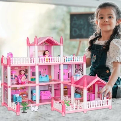 Image of EVERGD Kid Doll House Pink Grand 3/4 Story 9/11 Rooms Castle Dolls Playset with Furniture Accessories Mansion Playhouse Toy Xmas (3 Story)