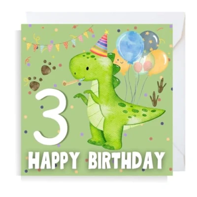 Image of Second Ave Dinosaur 3rd Birthday Age 3 Square Children&#039;s Kids Greeting Card for Boy or Girl
