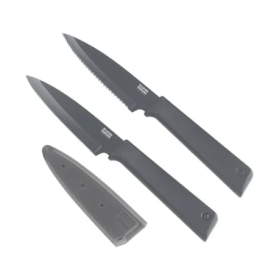 Image of Kuhn Rikon Colori+ 2 Pc Grey Kitchen Knife Set (1x Paring Knife, 1x Serrated Knife) Stainless Steel Blade Knives Set. Sharp 3 Year Accessories Guarantee