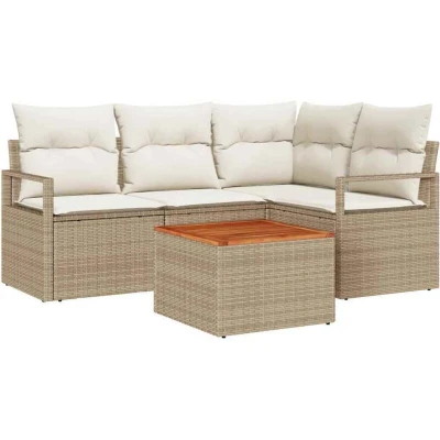 Image of vidaXL 5 Piece Garden Sofa Set with Cushions Beige Poly Rattan Acacia