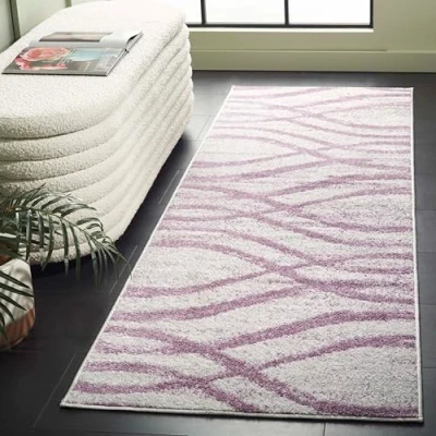 Image of SAFAVIEH Modern Wave Distressed Rug for Living Room, Dining Bedroom Adirondack Collection, Short Pile, in Cream and Purple, 76 X 244 cm
