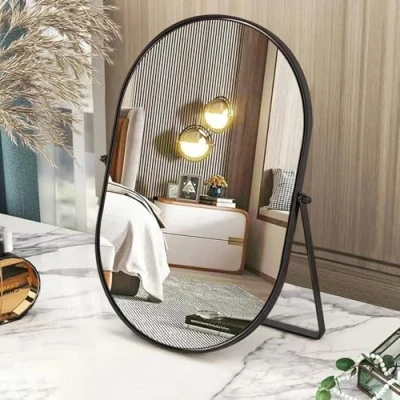 Image of Desk Mirror Oval Table 90Single Sided Makeup with Metal Frame Black Portable Countertop High Definition Swivel Make Up for Vanity Living Room Bedroom Tabletop Large
