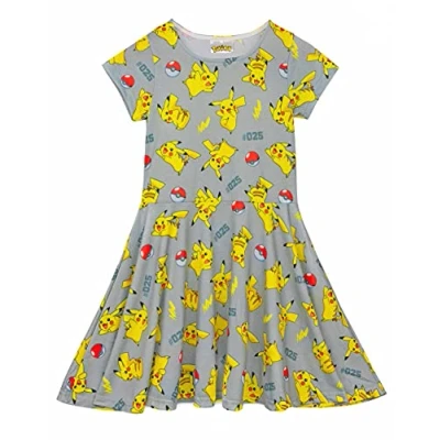 Image of Pokemon Skater Dress Girls Kids Pikachu Pokeball Outift All Over Print Flared Skirt Grey