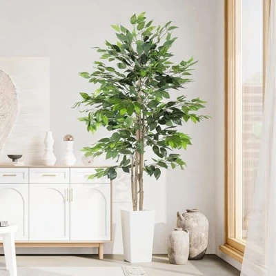Image of YOLEO 6FT Artificial Ficus Tree with White Tall Planter, Lifelike Fake Silk Indoor, Faux Plant for Living Room Bedroom Balcony Corner Office Decor