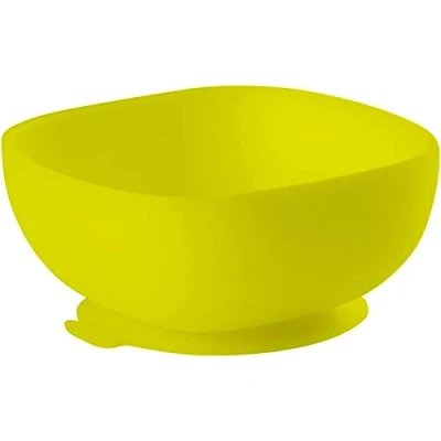 Image of BÉABA Silicone Bowl with Suction Cups Baby and Children Food Weaning Non slip Sticks perfectly to the table high chair tray Microwave safe Yellow