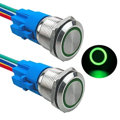 Image of Aiqeer 2 Pcs 19 mm Momentary Push Button Switch, 12V / 24V 5A Car Ignition Starter IP67 Waterproof Stainless Steel with Pre Wired Socket (Green LED)