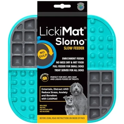 Image of Lickimat Slomo, Dog Slow Feeders Lick Mat, Boredom Anxiety Reducer; Perfect for Food, Treats, Yogurt, or Peanut Butter. Fun Alternative to a Feed Bowl, Turquoise