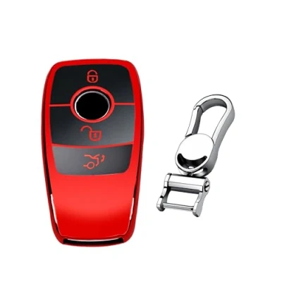 Image of M.JVisun Soft TPU Case Cover Protector Car Remote Key Fob For Mercedes Benz 2019 2022 A Class C G 2017 E 2018 2021 S Glossy Red Metal Keychain