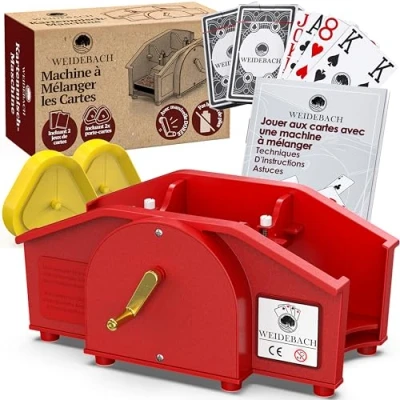 Image of Weidebach® red card shuffler with golden crank for all standard games, 2x decks &amp; spare crank, mixing device booklet fun game nights.