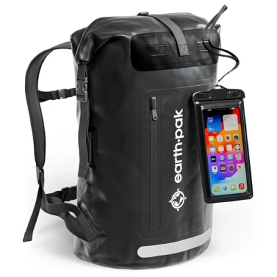 Image of Earth Pak Waterproof Backpack with Roll Top Closure, Front Pocket, Cushioned Back Panel &amp; Phone Case (Black, 35L)