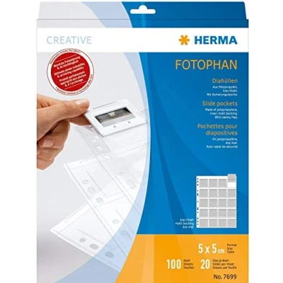 Image of HERMA 7699 Slide Sleeves for Framed Slides, Pack of 100, 5 x cm, 20 Compartments, Clear/Matt, Visible on Both Sides, Fotophan Photo Covers, Collecting with Euro Holes Archiving,