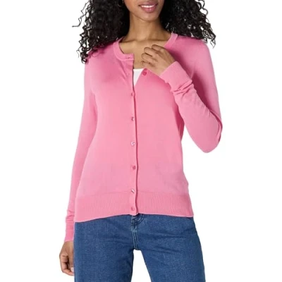Image of Amazon Essentials Women&#039;s Lightweight Crewneck Cardigan Jumper (Available in Plus Size), Pink, S