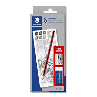 Image of STAEDTLER 61 110 C6 Tradition Graphite Pencil for Drawing &amp; Sketching Assorted Degrees (6 Pencils + FREE Sharpener Eraser)