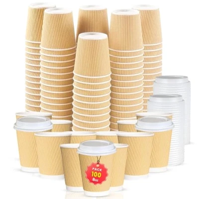 Image of 100 x 8oz Disposable Coffee Cups with Lids Takeaway Paper for Hot &amp; Cold Drinks Kraft Triple Walled Ripple Reusable (with Lids)