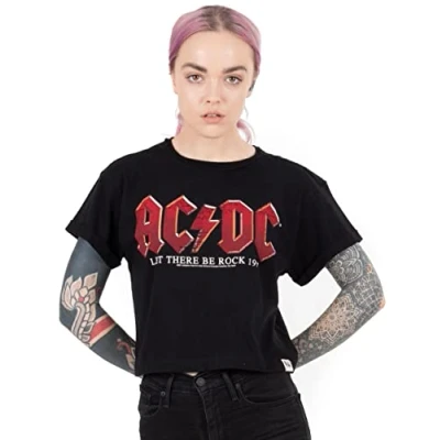 Image of AC/DC Cropped T Shirt for Women Ladies Short Sleeve Rock Band Black Crop Top Distressed Logo Let There Be Song Album Music CD Gifts Merchandise