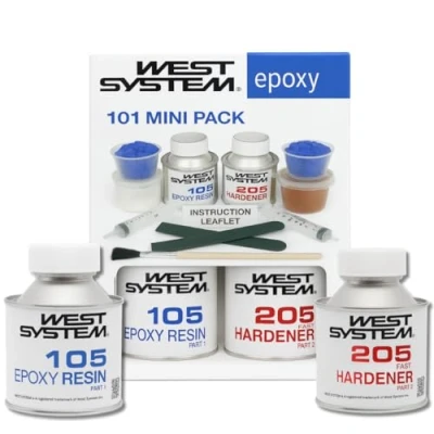Image of WEST SYSTEM 101 Epoxy Resin Mini Pack 105 (250g) &amp; 205 Hardener (50g) Clear for Wood, Metal Fibreglass Repairs Marine Grade Woodwork, Repair and DIY