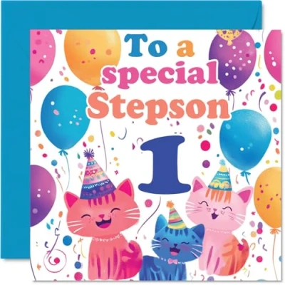 Image of 1st Step Son Birthday Card Cute Cats Special Happy for from Mum Dad, 145mm x Age 1 One Greeting Cards