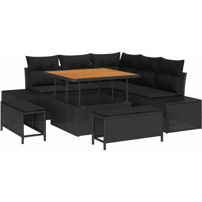 Image of vidaXL 8 Piece Garden Sofa Set with Cushions Black Poly Rattan Acacia