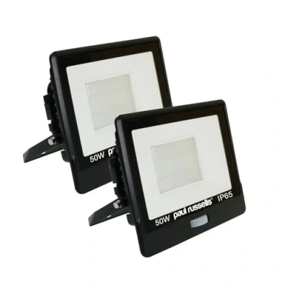 Image of paul russells 50W Outdoor Motion Sensor Security Light 6500K Daylight White, 5000 Lumen PIR Floodlight, IP65 Waterproof, Ultra Thin, Ideal for Forecourt, Backyard, Garages, Garden and More, 2 Packs