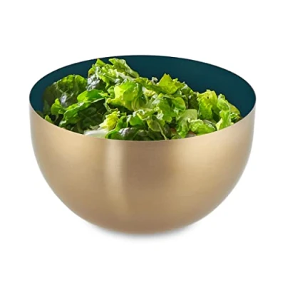 Image of Relaxdays Serving Bowl, Stainless Steel, 1 Litre, Round, Metal, for Salad &amp; Snacks, Baking Mixing, Ø 15 cm, Green/Gold