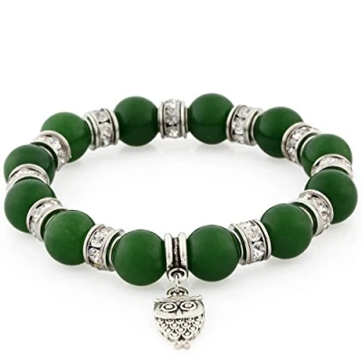 Image of Morella Women&#039;s Bracelet Elastic with Owl Pendant and Stone Beads Green