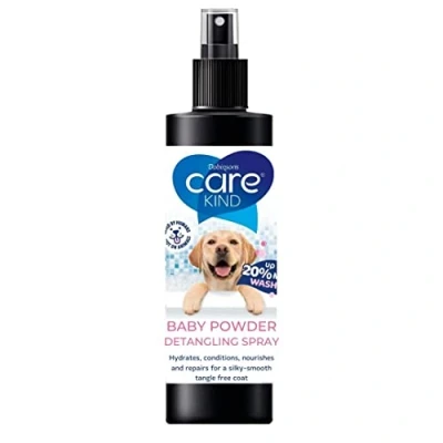 Image of baby powder dog Detangler Spray from Carekind Hair Conditioner for Dogs with perfume Professional groom detangling Pro grooming Your Pooch