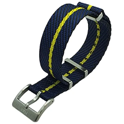 Image of Max Nylon NATO Watch Strap Seat Belt Brushed Stainless Steel Buckle Replacement Band for Men Women 20mm 22mm Colour Options (22mm, Navy Blue/Black/Yellow)