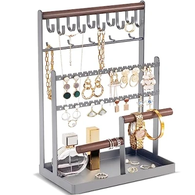 Image of ProCase Jewelry Organiser Stand Necklace Organizer Earring Holder, 6 Tier Holder with 15 Hooks, Tower Display Rack Storage Tree for Bracelets Earrings Rings Grey