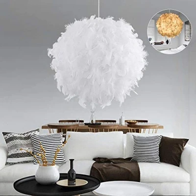 Image of White Feather Light Ceiling Pendant Shade, Fluffy Lamp Romantic Droplight Lampshade Morden Elegant Style with E27 Bulb for Living Room Dining and Bedroom Decor (Small,30CM)
