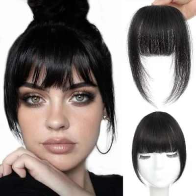 Image of Clip in Bangs 100% Human Hair Wispy Extensions, Brown Black French Fringe with Temples Hairpieces for Women Curved Daily Wear (Brown Black, Bangs)