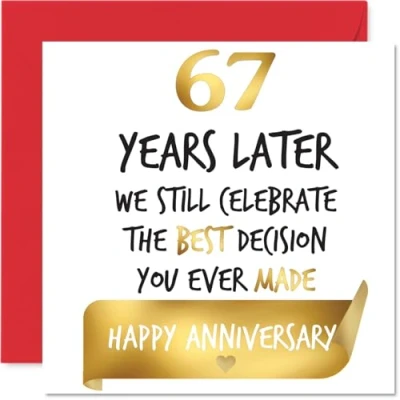 Image of Gold 67th Anniversary Card for Women Men Celebrate Best Decision Happy 67 Year Wife Husband Partner Companion, 145mm Golden Wedding Anniversaries Greeting Cards