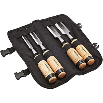 Image of Amazon Basics 4 Piece Sturdy Chrome Vanadium Steel Woodworking Wood Chisel Set 1/2 Inch (13mm) to 1 1/4 (32mm), Wooden Handles with Carry Pouch