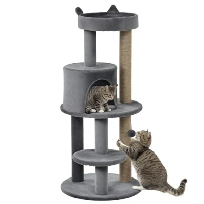 Image of PawHut 104 cm Cat Tree, Condo Tree Tower, Activity Centre with Scratching Posts, Plush Perch, Hanging Ball Grey