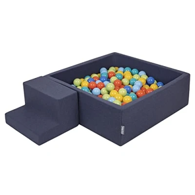 Image of KiddyMoon Foam Playground For Kids With Square Ballpit (200 Balls ∅ 7Cm/2.75In) Soft Obstacles Course And Ball Pool, Made In The EU, Darkblue:Lgreen/Orange/Turquoise/Blue/Bblue/Yellow