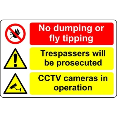 Image of No dumping or fly tipping, trespassers will be prosecuted cctv cameras in operation Safety sign 1mm Plastic (300mm x 200mm)