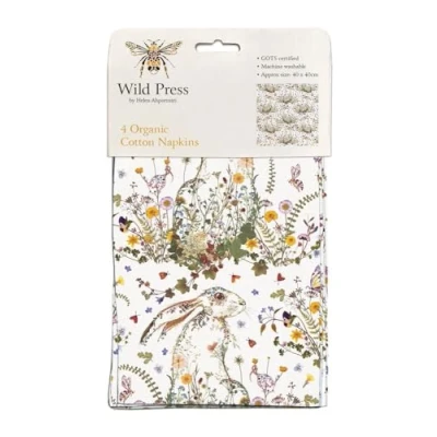 Image of Museums &amp; Galleries Cloth Napkins Set of 4 Wildflower Hare and Butterflies Artistic Wild Press Design by Helen Ahpornsiri Organic Cotton Reusable Tableware
