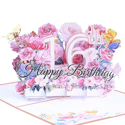 Image of Happy 16th Birthday Card, 3D Flower Pop Up Greeting Cards, Cards with Envelope and Note Anniversary Card,Birthday Gift for Women Men