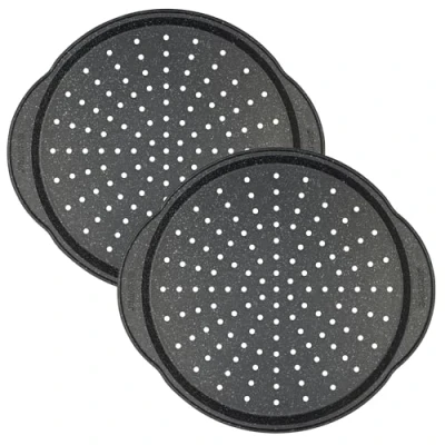 Image of Salter COMBO 9141 Megastone Pizza Pan 2 Pack, 36 cm Non Stick Perforated Crisper Tray With Handles, Large Oven Baking Tin For Pizzas, 12 Inch Carbon Steel Chip Tray, PFOA Free, Safe Up To 220C
