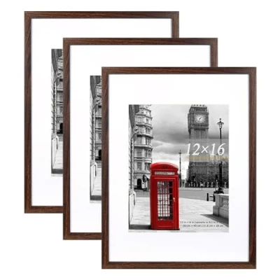Image of Scholar Tree Brown Picture Frame 12x16 (30x40cm) with Mount for 8.5x11, Set of 3, 30x40cm Poster Frame,Wall Mountable